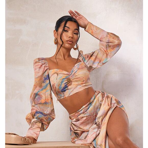 Festival Pastel Marble Boho Fairy Ruched Crop Blouse Long Sleeve 4 / Small NWT - Picture 1 of 10